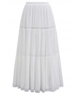 Lace Spliced Cotton Midi Skirt in White