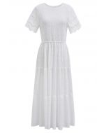 Cutwork Sleeve Shirred Bodice Midi Dress in White