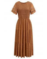 Cutwork Sleeve Shirred Bodice Midi Dress in Pumpkin