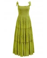 Lime Embroidery Shirred Tie-Strap Maxi Dress