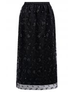 Sequined Dandelion Mesh Midi Skirt in Black