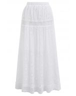 Floral Embroidered Eyelet Cotton Maxi Skirt in White