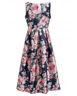 Graceful Blossom Sleeveless Midi Dress in Navy