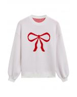 Ribbon Bowknot Pattern Jacquard Knit Sweater in White