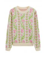 Floral Branch Jacquard Knit Sweater in Cream