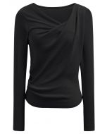 Gentle Crossover Long-Sleeve Knit Top in Black