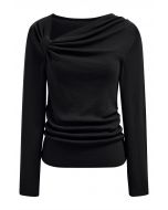 Side Knot Ruched Long-Sleeve Knit Top in Black