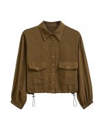 Collared Button Down Drawstring Shirt in Brown