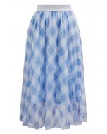 Gingham Print Mesh Tulle Midi Skirt in Blue