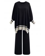 Contrast Detail Knit Poncho and Pants Set in Black