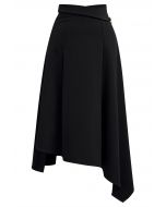 Belt Trim Asymmetry Flowy Midi Skirt in Black