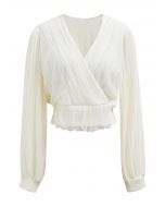 Mesh Spliced Faux-Wrap Knit Top in Cream