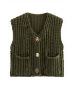 Bold Golden Buttons Patch Pocket Chunky Knit Vest in Army Green