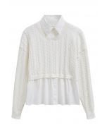 Fake Two-Piece Knit Spliced Collared Shirt in White