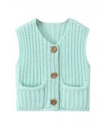 Bold Golden Buttons Patch Pocket Chunky Knit Vest in Mint