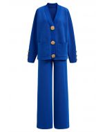 Golden Button Patch Pocket Knit Cardigan and Pants Set in Royal Blue