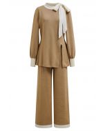 Contrast Edge Bowknot Knit Sweater and Pants Set in Camel