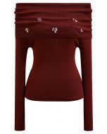 3D Sequin Flower Foldover Off-Shoulder Knit Top in Burgundy