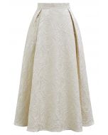 Delicate Roses Jacquard Embossed A-Line Midi Skirt in Ivory