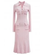 Relaxing Collared Flap Pocket Ribbed Knit Dress in Light Pink