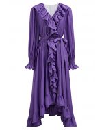 Whimsical Ruffle Asymmetric Button Down Midi Dress in Purple