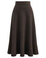 Solid Color A-Line Knit Midi Skirt in Brown