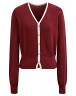 Button Trim Contrast Knit Cardigan in Red