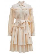 Ruffles Tiered Buttoned Belted Dolly Dress in Light Yellow