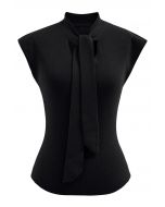 Ribbon-Tied Neckline Cap Sleeve Knit Top in Black