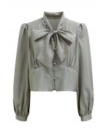 Bowknot Neck Buttoned Crop Shirt in Sage