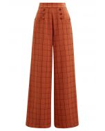 Grid Print Button Decor Straight-Leg Pants in Orange