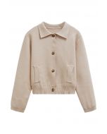 Classic Collar Button Down Knit Jacket in Light Tan