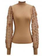 Rose Cotton Candy Spliced Sleeves Knit Top in Caramel