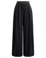 Contrast Piping Buttoned Pleats Palazzo Pants in Black