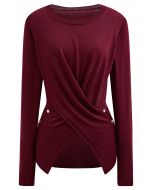 Fascinating Crisscross Buttoned Knit Top in Burgundy