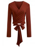 Self-Tie Back Ribbon Wrapped Front Top in Rust Red