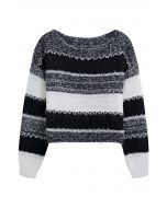 Fair Isle Stripe Cropped Knit Sweater in Black