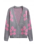 Grand Floral Open Front Knit Cardigan in Grey