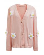 Lovely 3D Flower Buttoned Knit Cardigan in Light Pink