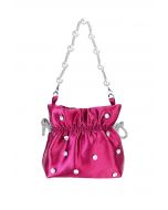 Rhinestone Decor Drawstring Shoulder Bag in Hot Pink