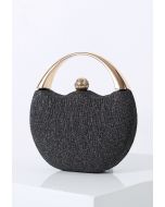 Elegance Round Handle PU Leather Clutch in Black