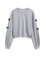 Bowknot Adorned Sleeve Cropped Sweatshirt in Grey