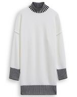 Contrast Stripe Mock Neck Knit Sweater Dress in Ivory