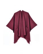 Whisper Soft Pocket Fringed Hem Poncho in Burgundy