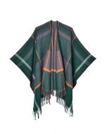 Geometric Grid Fringed Hem Poncho in Dark Green