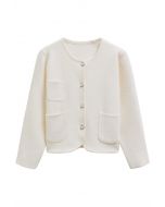 Sweetly Patch Pocket Pearly Button Knit Cardigan in Cream