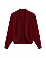 Minimalist Open-Front Ribbed Edge Knit Cardigan in Red