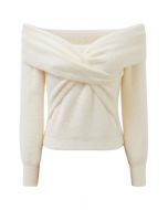 Crisscross Front Off-Shoulder Fuzzy Knit Top in Cream