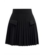 Decorative Pocket Pleated Knit Mini Skirt in Black