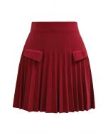 Decorative Pocket Pleated Knit Mini Skirt in Red